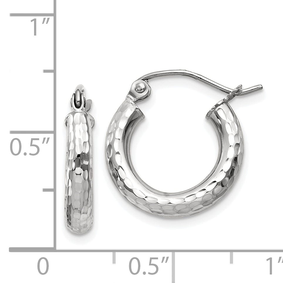 14k White Gold Diamond Cut 3MM Round Hoop Earrings