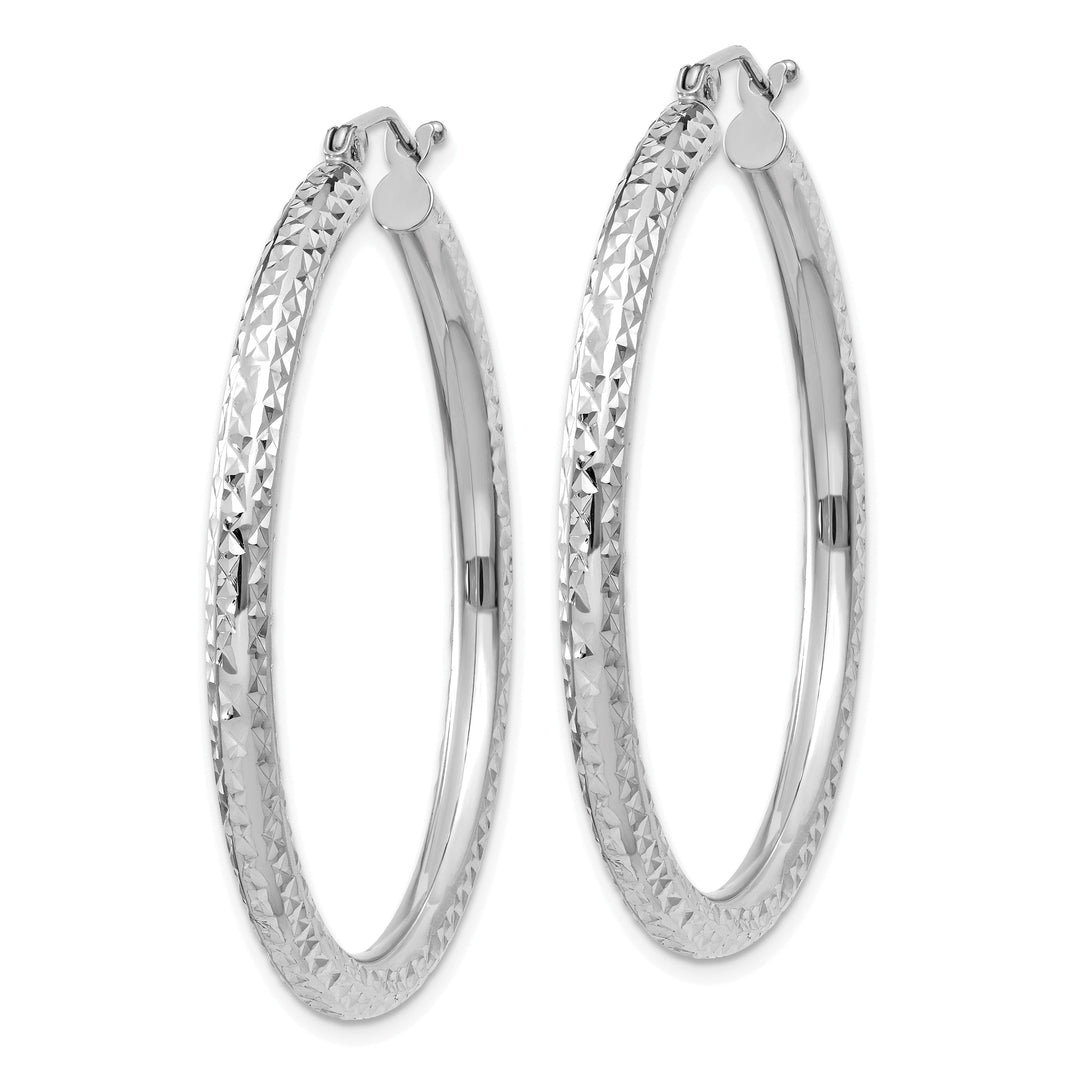 14k White Gold Diamond Cut 3MM Round Hoop Earrings