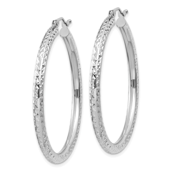 14k White Gold Diamond Cut 3MM Round Hoop Earrings