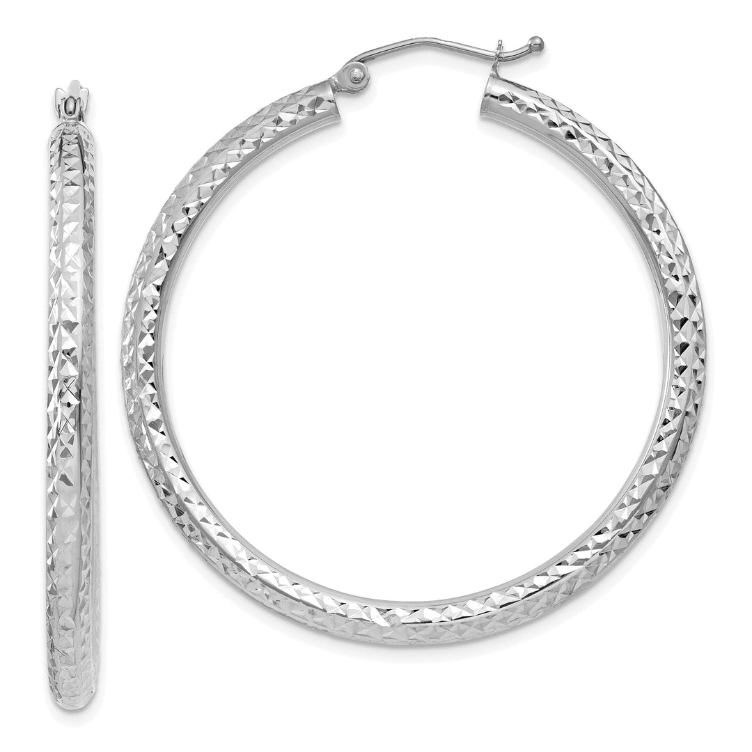 14k White Gold Diamond Cut 3MM Round Hoop Earrings