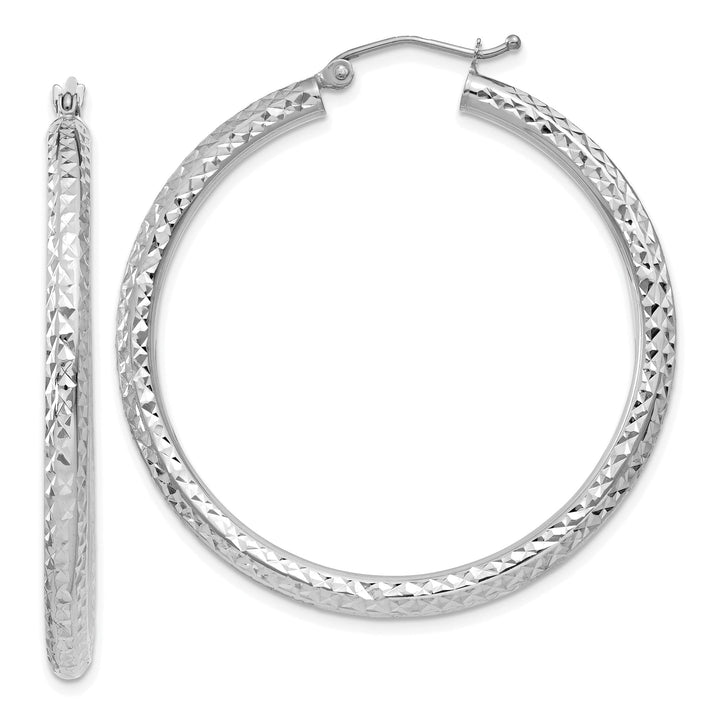 14k White Gold Diamond Cut 3MM Round Hoop Earrings