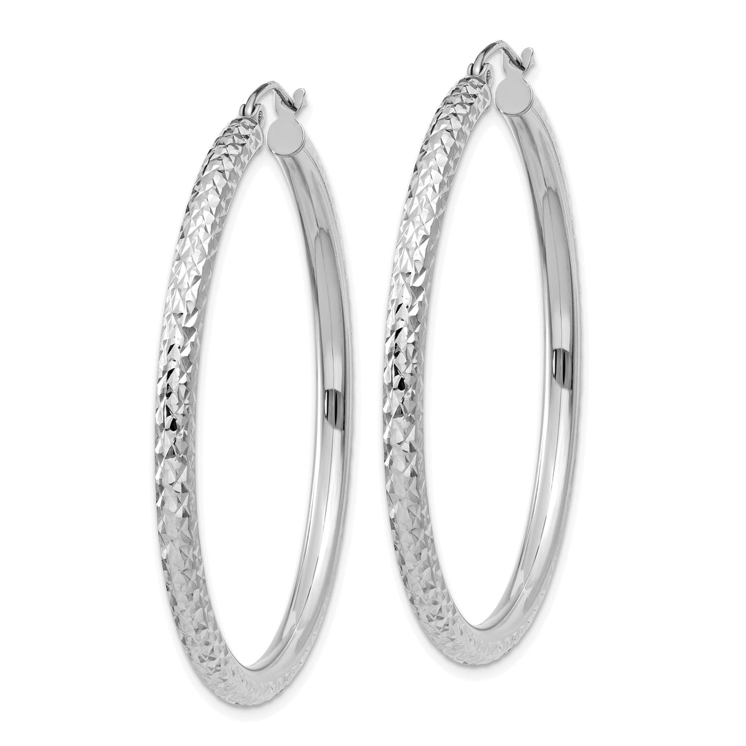 14k White Gold Diamond Cut 3MM Round Hoop Earrings