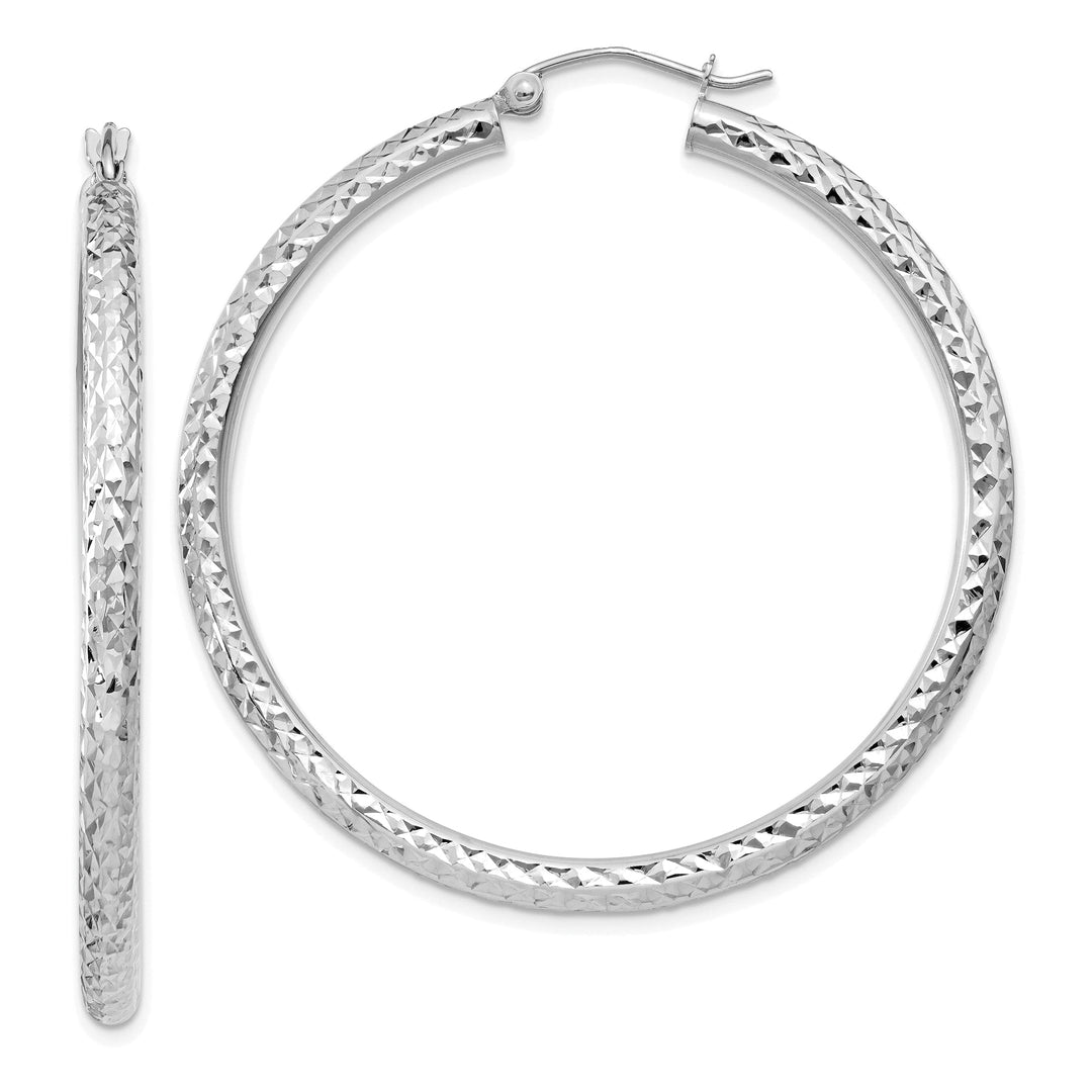 14k White Gold Diamond Cut 3MM Round Hoop Earrings