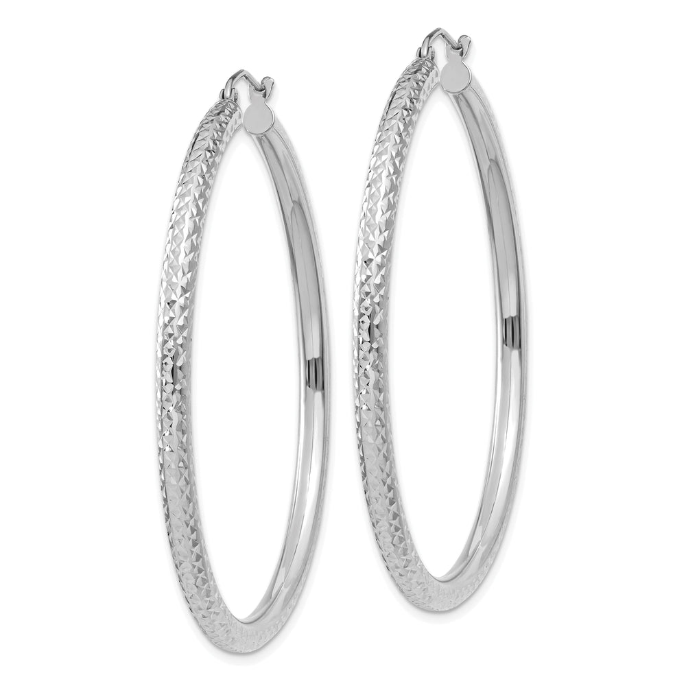 14k White Gold Diamond Cut 3MM Round Hoop Earrings