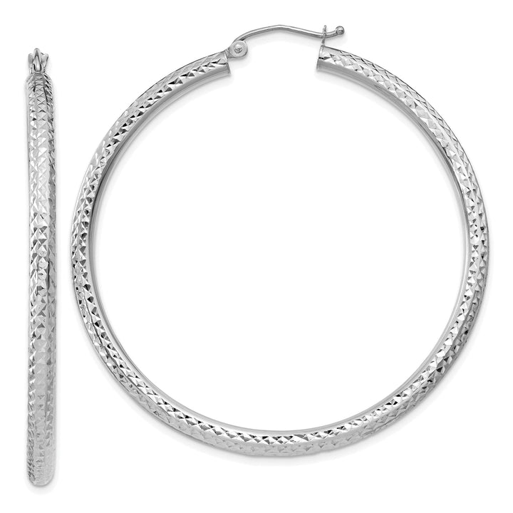 14k White Gold Diamond Cut 3MM Round Hoop Earrings