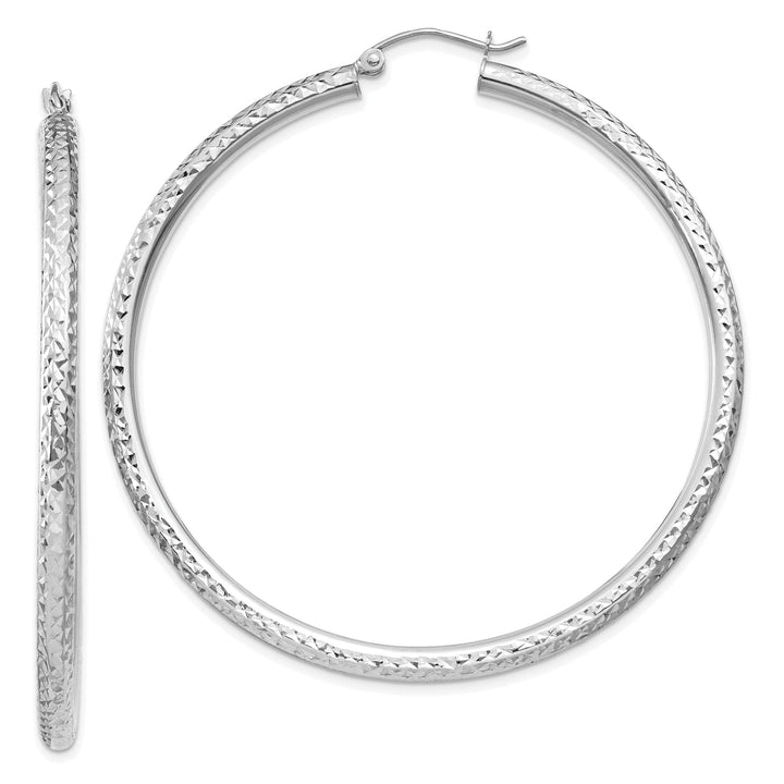 14k White Gold Diamond Cut 3MM Round Hoop Earrings