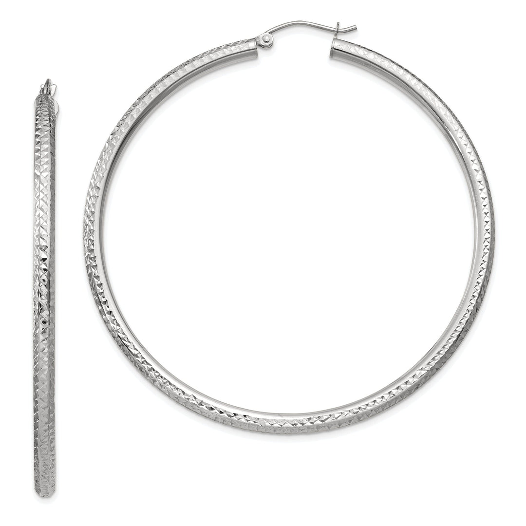 14k White Gold Diamond Cut 3MM Round Hoop Earrings