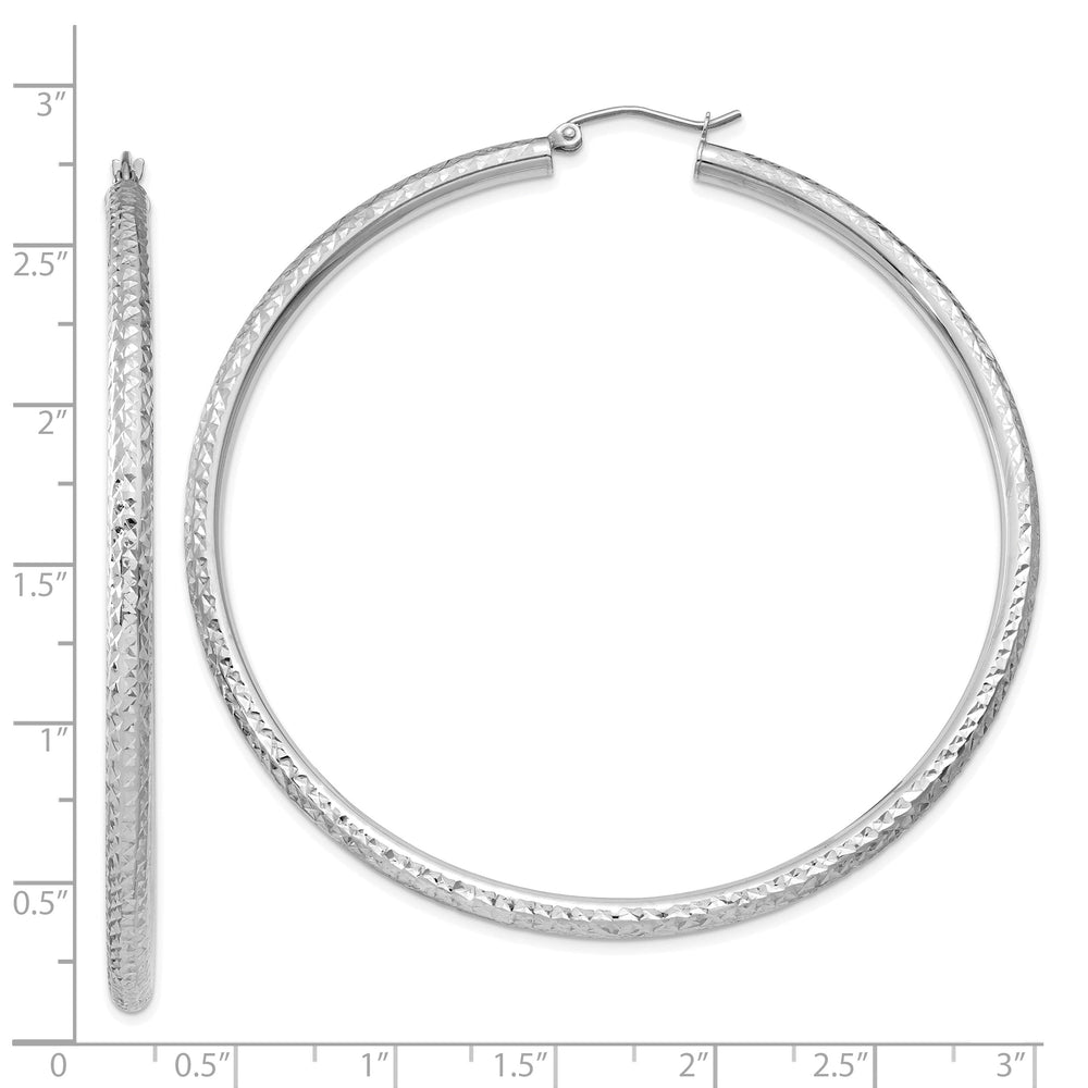 14k White Gold Diamond Cut 3MM Round Hoop Earrings