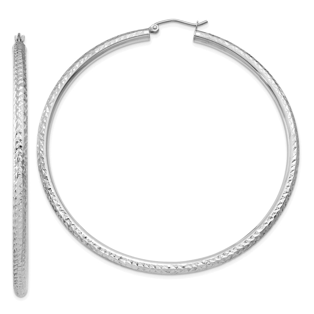 14k White Gold Diamond Cut 3MM Round Hoop Earrings