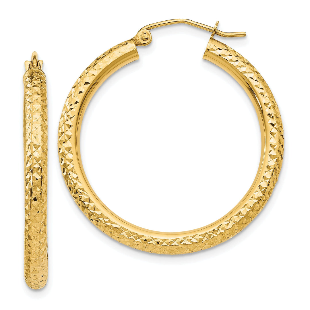 14k Yellow Gold Diamond Cut 3MM Hoop Earrings