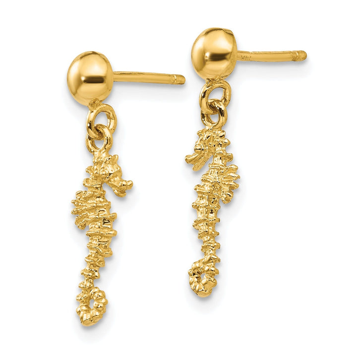 14k Yellow Gold 3-D Mini Seahorse Dangle Post Earr