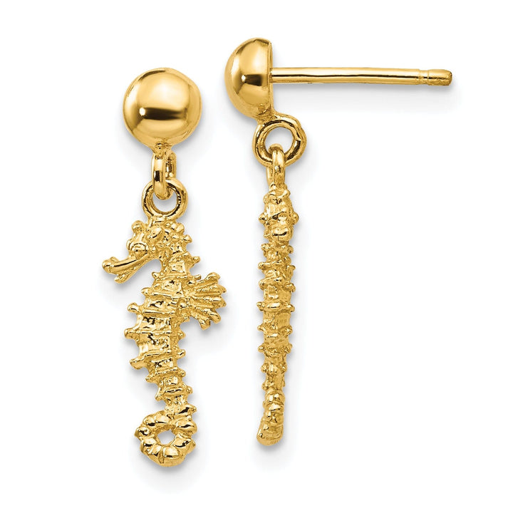 14k Yellow Gold 3-D Mini Seahorse Dangle Post Earr