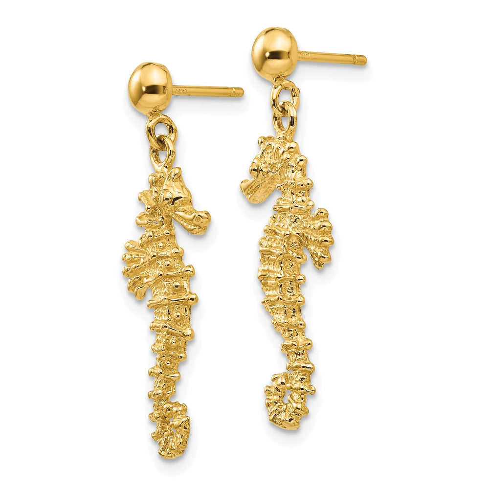 14k Yellow Gold Large Seahorse Dangle Post Earring