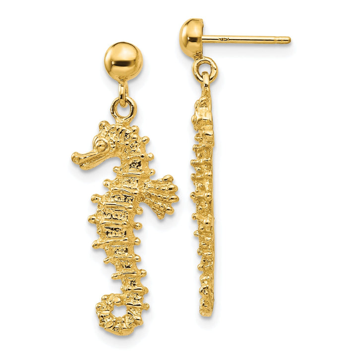 14k Yellow Gold Large Seahorse Dangle Post Earring