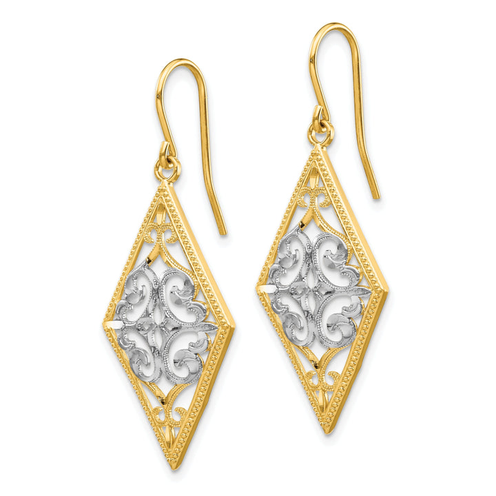 14k Two-tone Gold Diamond Shape Filigree Earrings