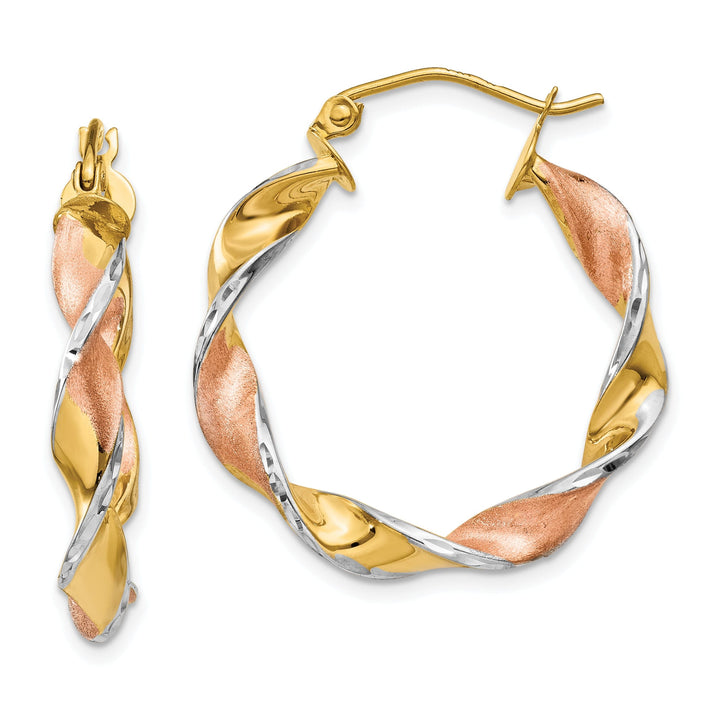 14k Yellow Rhodium Gold Twisted Hoop Earrings