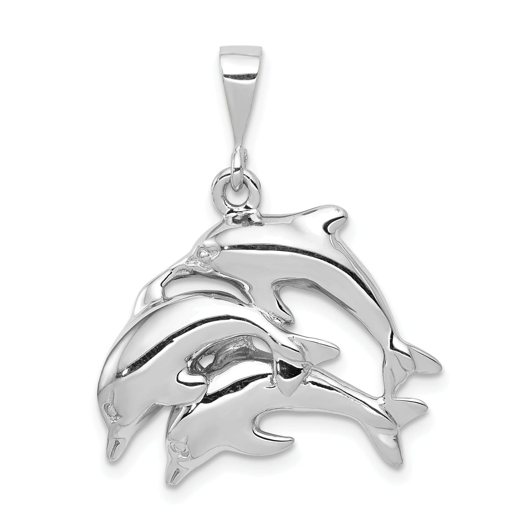 14K White Gold Polished Finish Three Dolphins Swimming Together Charm Pendant