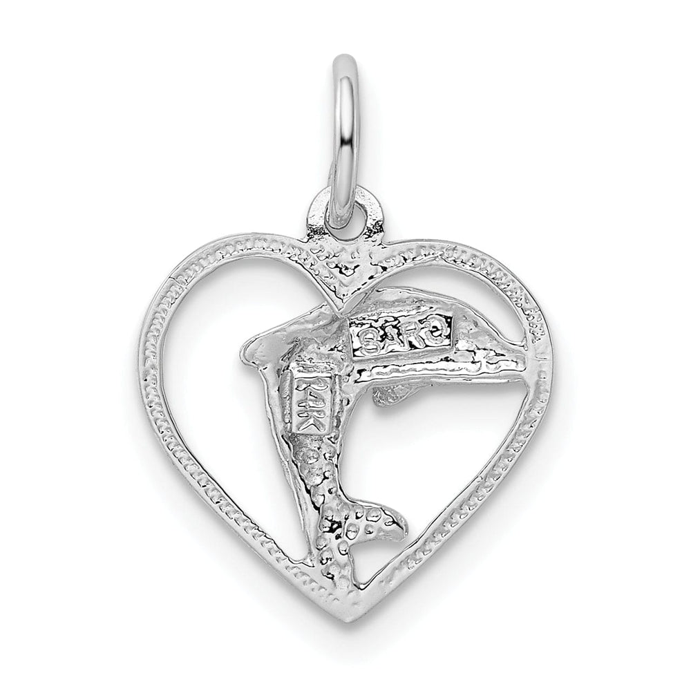 14k White Gold Polished Finish Dolphin in Heart Design Charm Pendant