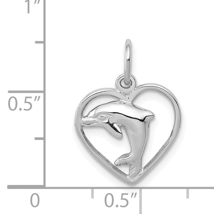 14k White Gold Polished Finish Dolphin in Heart Design Charm Pendant