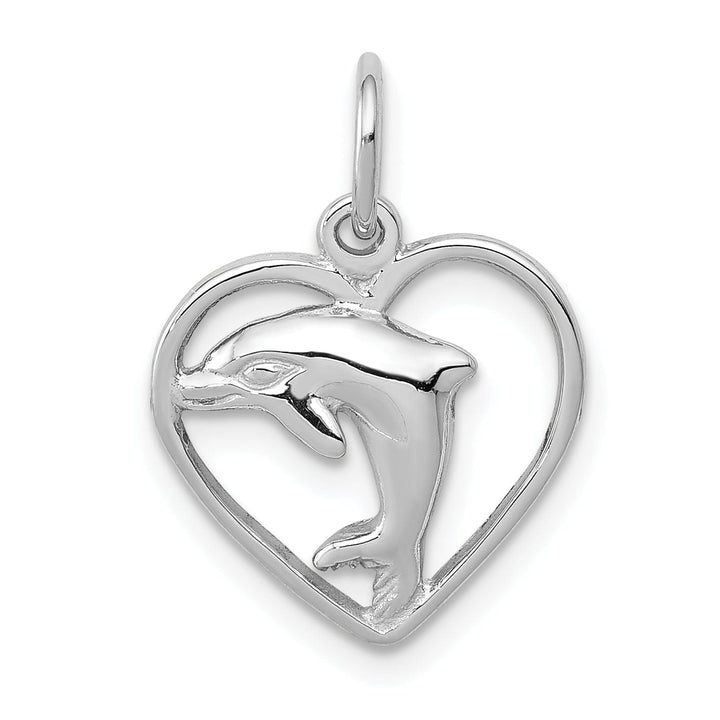 14k White Gold Polished Finish Dolphin in Heart Design Charm Pendant