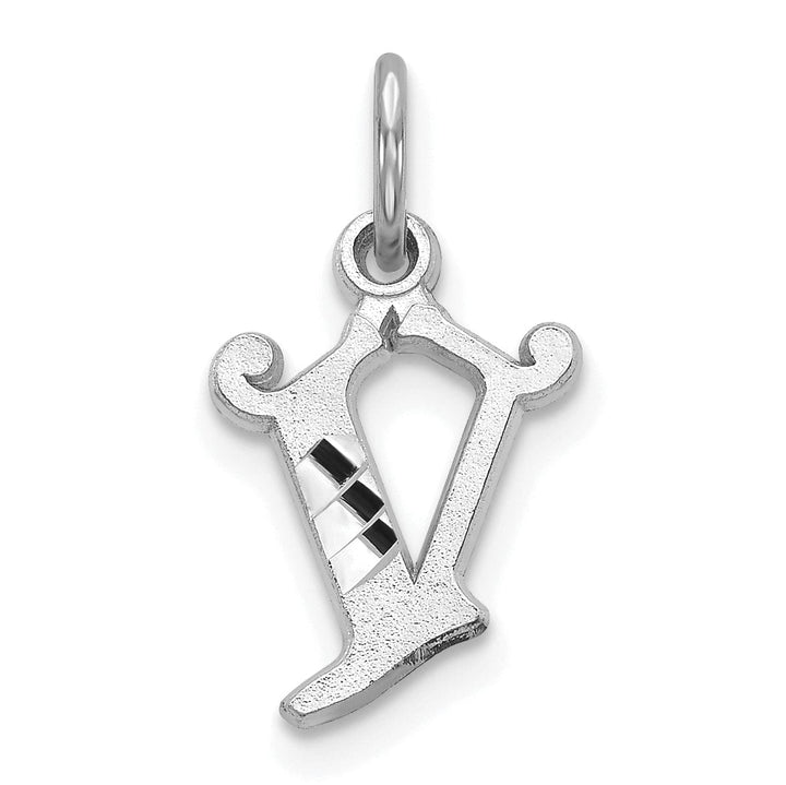 14k White Gold Small Script Design Letter V Initial Charm Pendant