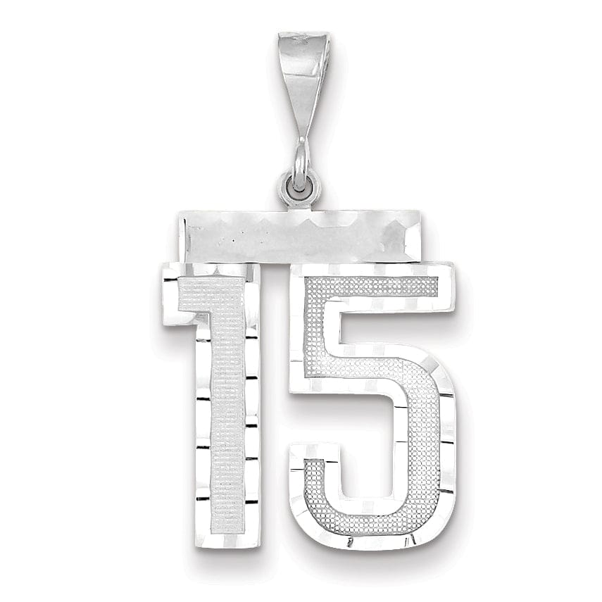 14k White Gold Diamond Cut Finish Large Size Number 15 Charm Pendant