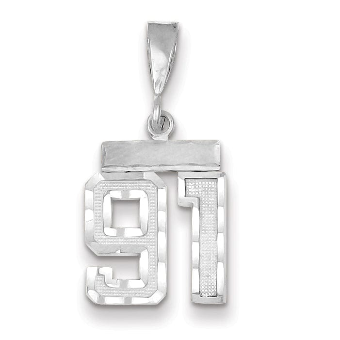 14k White Gold Small Size Diamond Cut Texture Finish Number 91 Charm Pendant