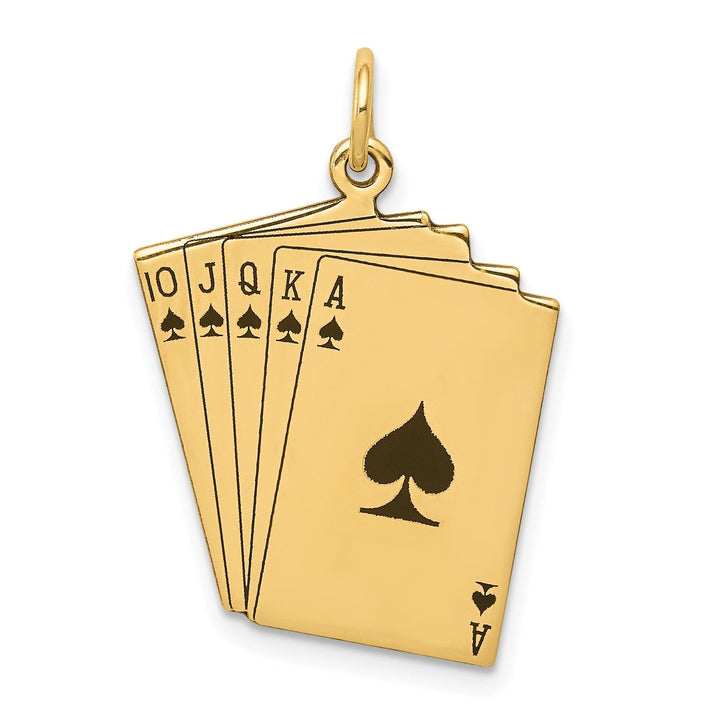 14k Yellow Gold Polished Black Enameled Finish Royal Flush Playing Cards Charm Pendant