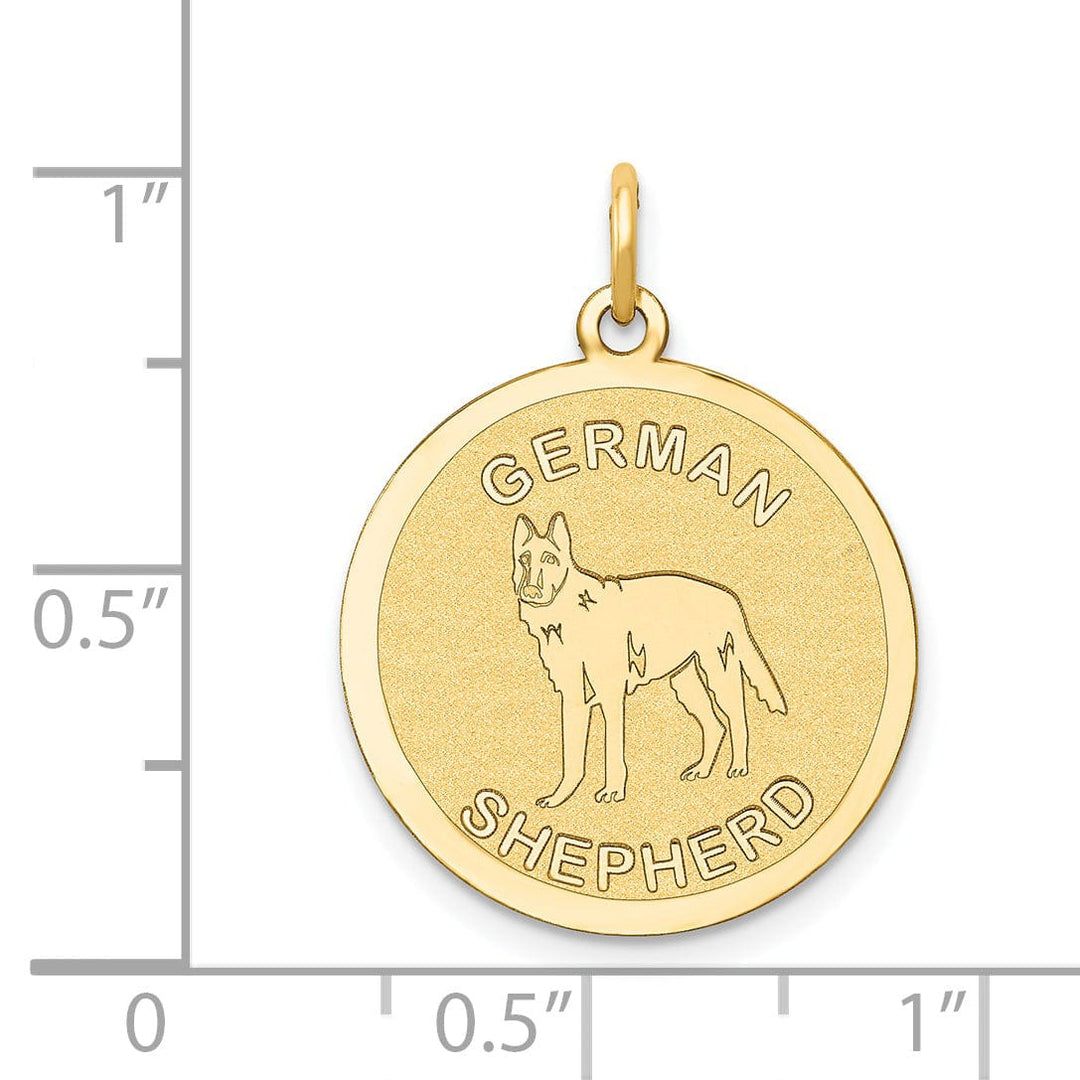 14k Yellow Gold Polished Finish Flat Back German Shepherd Dog Engravable Disc Round Shape Charm Pendant