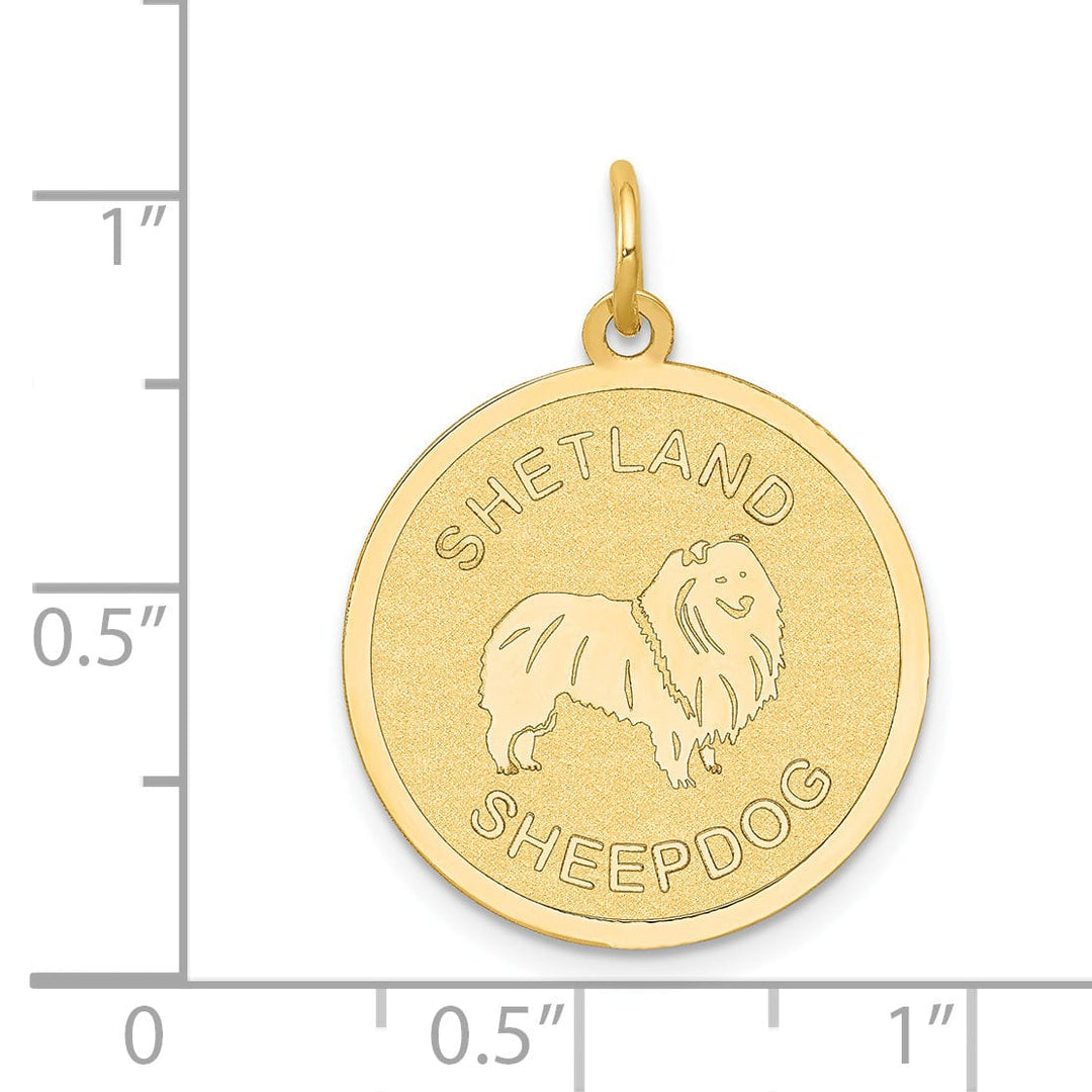 14k Yellow Gold Polished Finish Flat Back Shetland Sheep Dog Engravable Disc Round Shape Charm Pendant