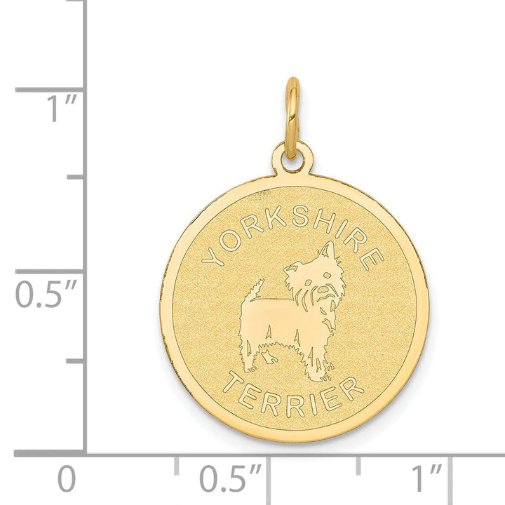 14k Yellow Gold Polished Finish Flat Back Yorkshire Terrier Dog Engravable Disc Round Shape Charm Pendant