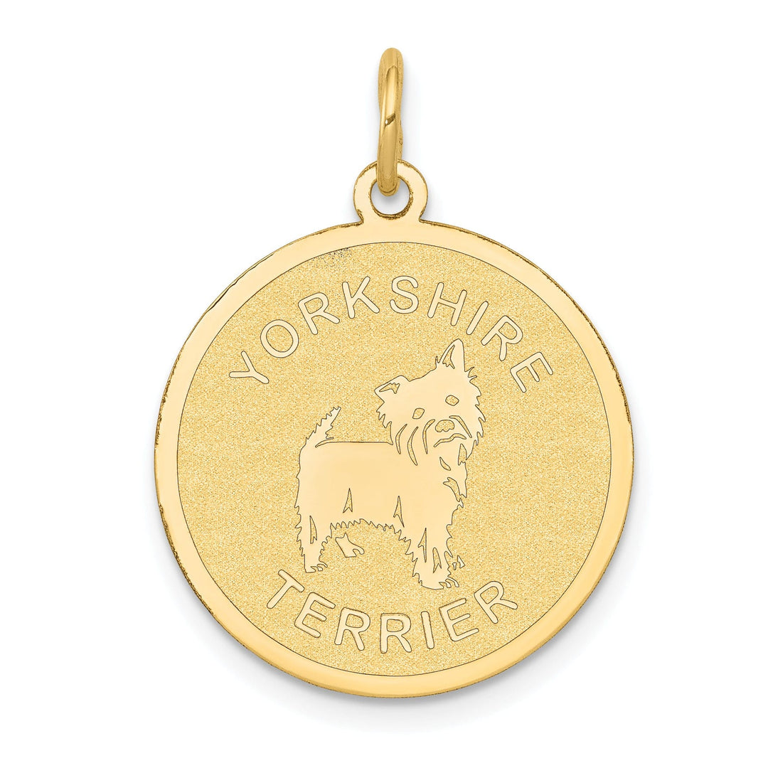 14k Yellow Gold Polished Finish Flat Back Yorkshire Terrier Dog Engravable Disc Round Shape Charm Pendant