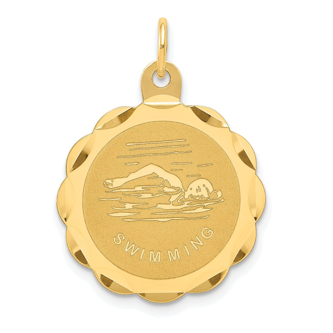 14K Yellow Gold Polished Brushed Mens Swimming Disc Charm Pendant