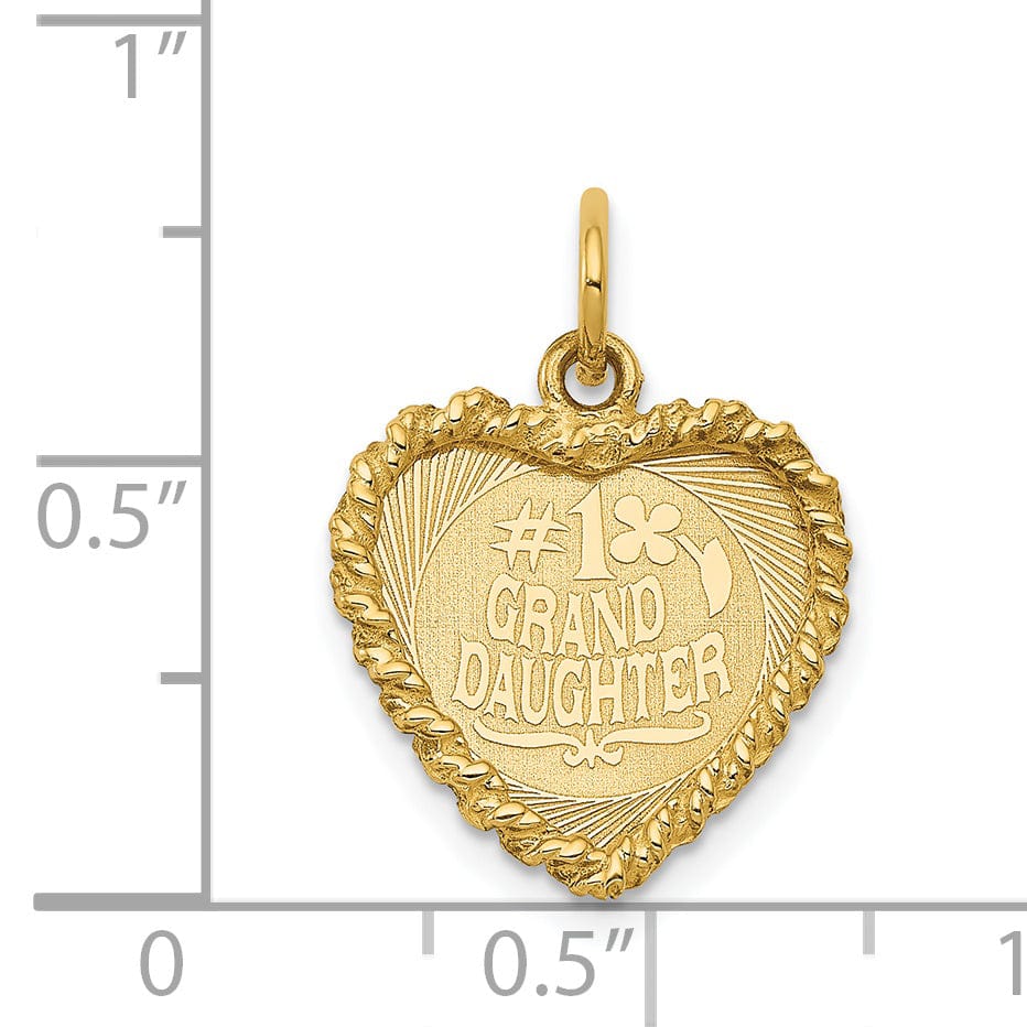 14k Yellow Gold Flat Back Textured Polished Finish Heart Shape #1 GRANDDAUGHTER Ridge Trim Disc Design Charm Pendant