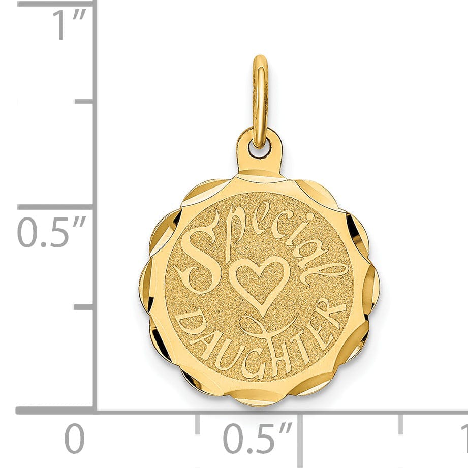 14K Yellow Gold Flat Back Brush Polished Finish SPECIAL DAUGHTER in Round Ridge Trim Design Charm Pendant
