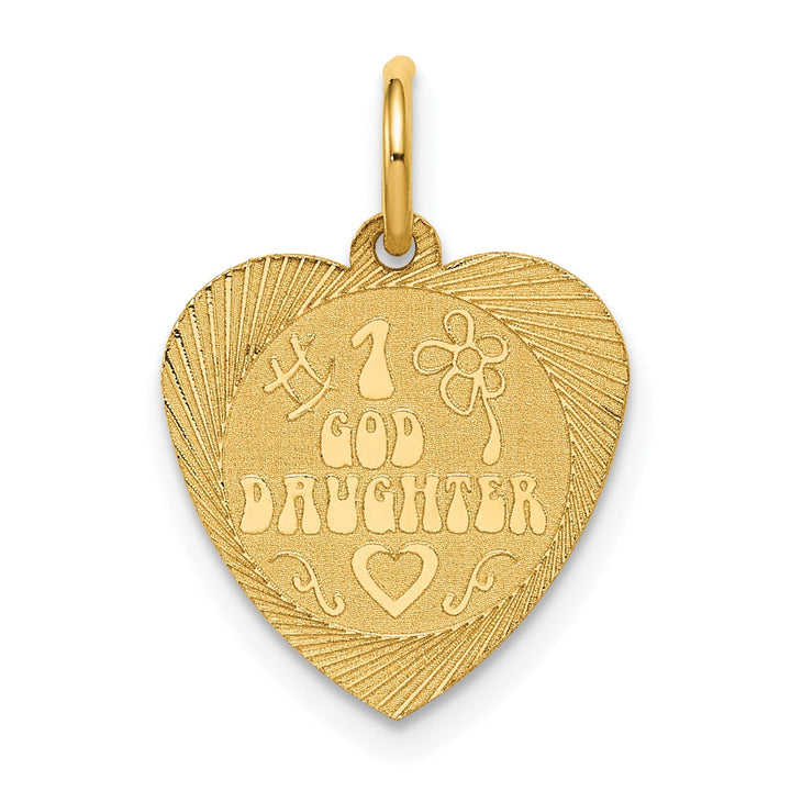 14k Yellow Gold Flat Back Textured Satin Polished Finish #1 GOD DAUGHTER In Heart Shape Design Charm Pendant