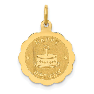 14K Yellow Gold Flat Back Solid Polished Satin Finish Engraveable HAPPY BIRTHDAY with Cake Design Charm Pendant