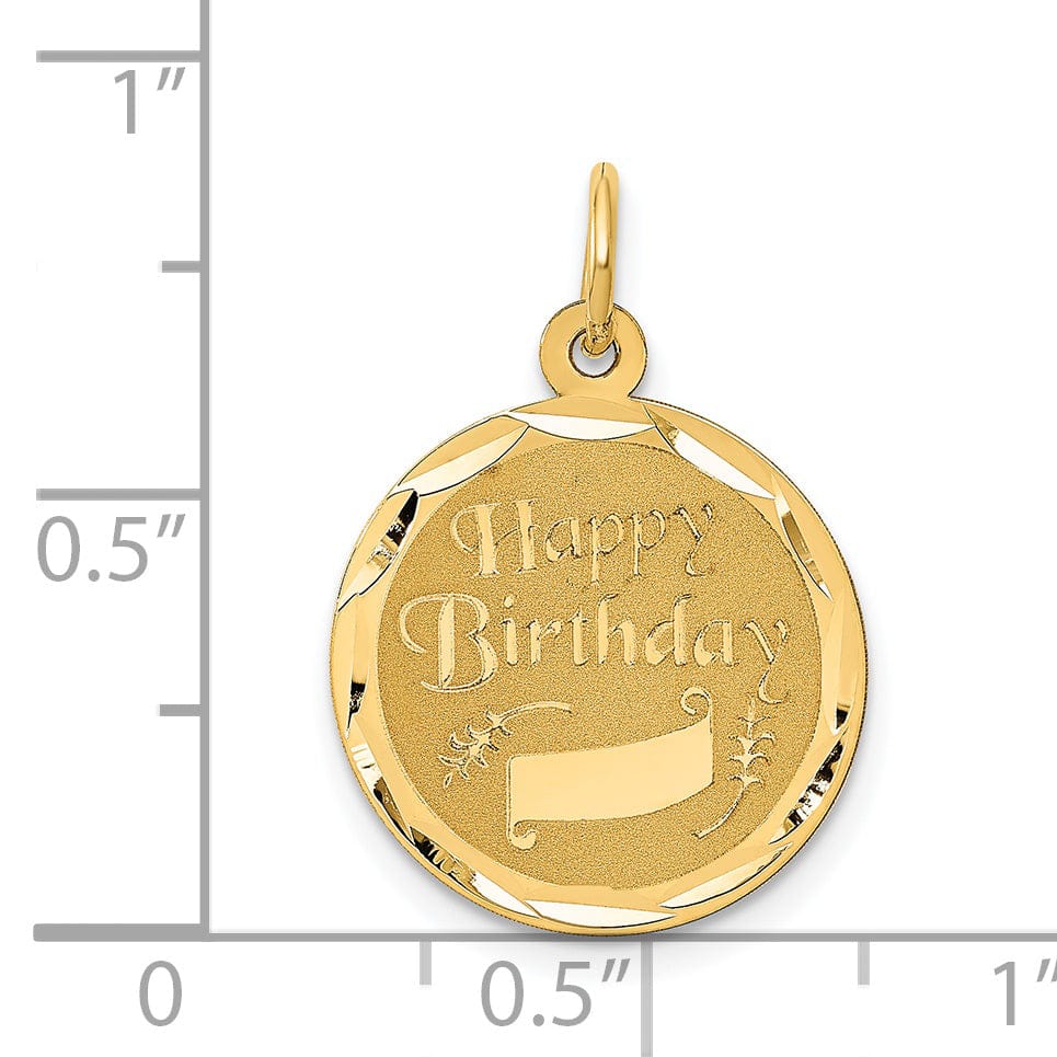 14K Yellow Gold Solid Flat Back Polished Laser Finish Engraveable Disc Shape Design HAPPY BIRTHDAY Charm Pendant