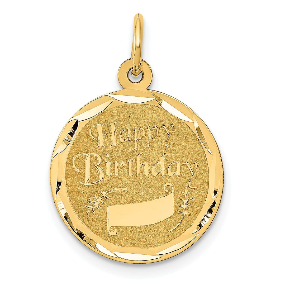 14K Yellow Gold Solid Flat Back Polished Laser Finish Engraveable Disc Shape Design HAPPY BIRTHDAY Charm Pendant