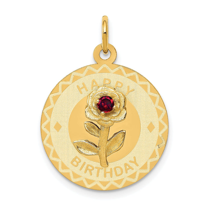 14k Yellow Gold Flat Back Solid Polished Laser Finish HAPPY BIRTHDAY Disc Charm with Cubic Zirconia Flower Design Charm Pendant