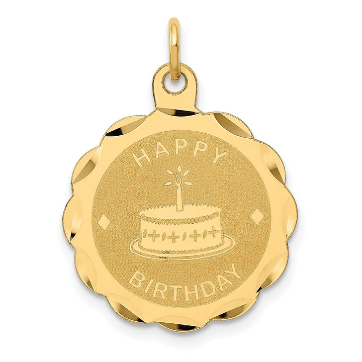 14K Yellow Gold Solid Textured Polished Brushed Finish HAPPY BIRTHDAY in Round Disc with Riged Trim Design Charm Pendant