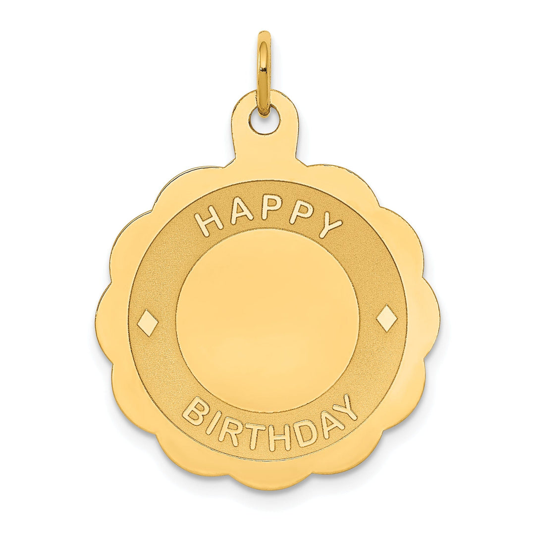 14k Yellow Gold Flat Back Solid Polished Laser Finish HAPPY BIRTHDAY Disc Shape Design Charm Pendant