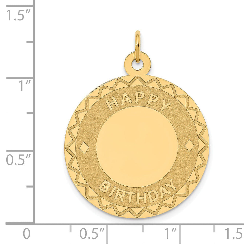 14K Yellow Gold Polished Laser Brush Finish Round Disc Shape HAPPY BIRTHDAY Charm Pendant Design