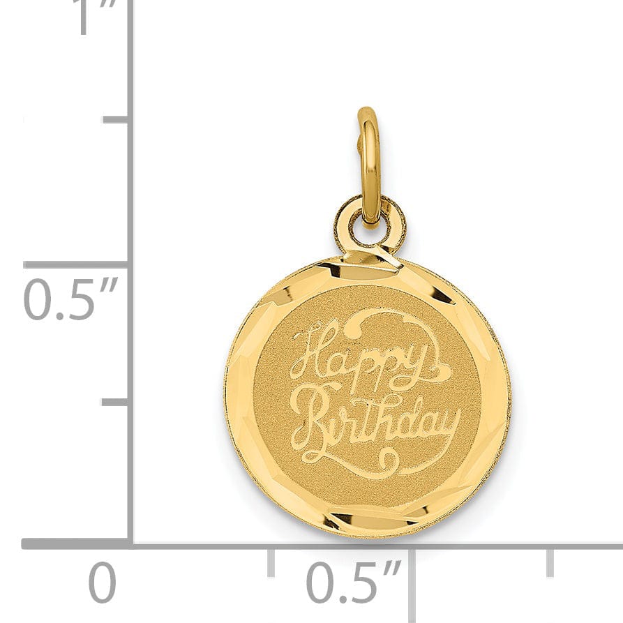 14K Yellow Gold Solid Flat Back Diamond Cut Polished Laser Finish Engravable Round Disc Shape Design HAPPY BIRTHDAY Charm Pendant