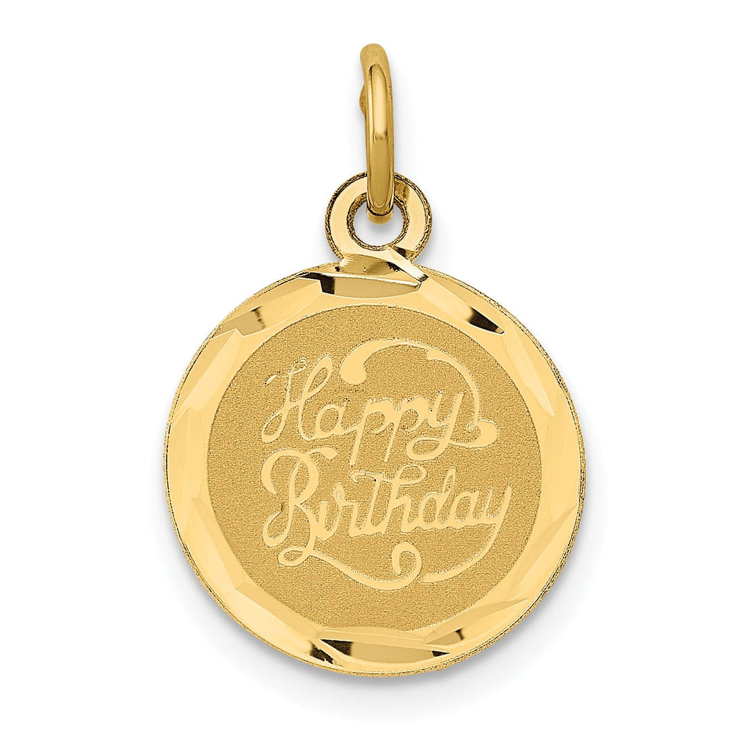 14K Yellow Gold Solid Flat Back Diamond Cut Polished Laser Finish Engravable Round Disc Shape Design HAPPY BIRTHDAY Charm Pendant