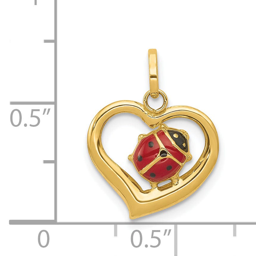 14k Yellow Gold Polished Red-Black Enameled Finish Hollow Ladybug in Heart Shape Charm Pendant