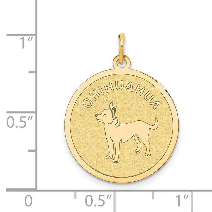 14k Yellow Gold Polished Finish Flat Back Chihuahua Dog Engravable Disc Round Shape Charm Pendant