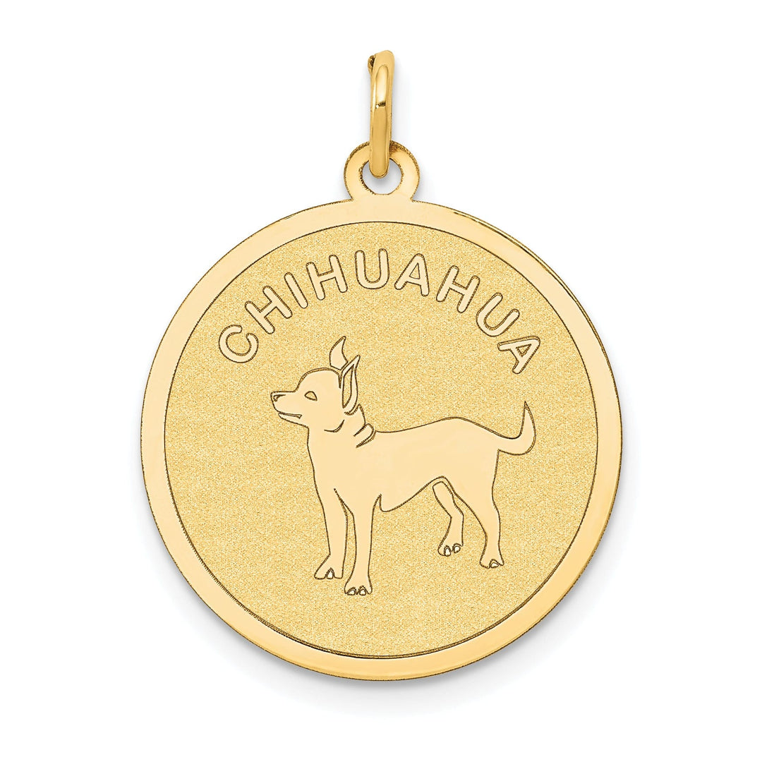 14k Yellow Gold Polished Finish Flat Back Chihuahua Dog Engravable Disc Round Shape Charm Pendant