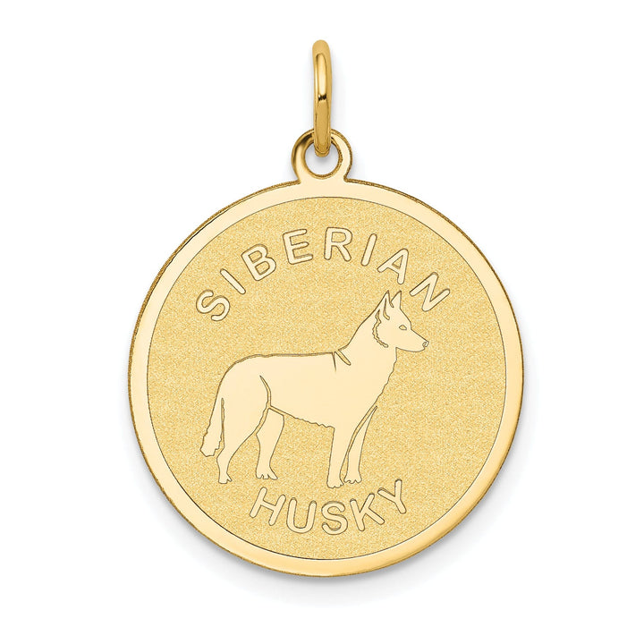 14k Yellow Gold Polished Finish Flat Back Siberian Husky Dog Engravable Disc Round Shape Charm Pendant