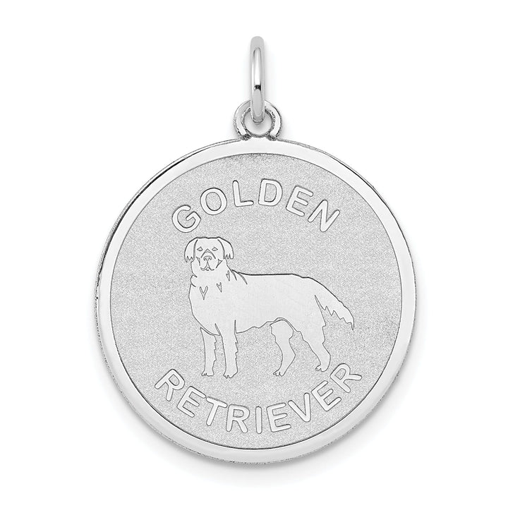 14k White Gold Polished Finish Flat Back Golden Retriever Dog Engravable Disc Round Shape Charm Pendant